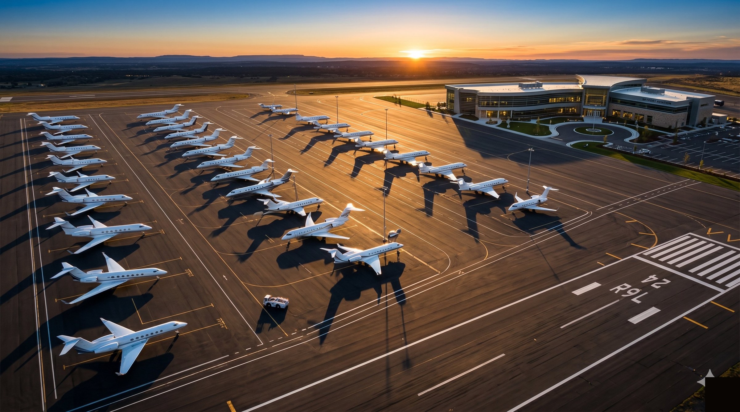 Private jet ramp at sunset — FBO terminal with multiple Gulfstream jets