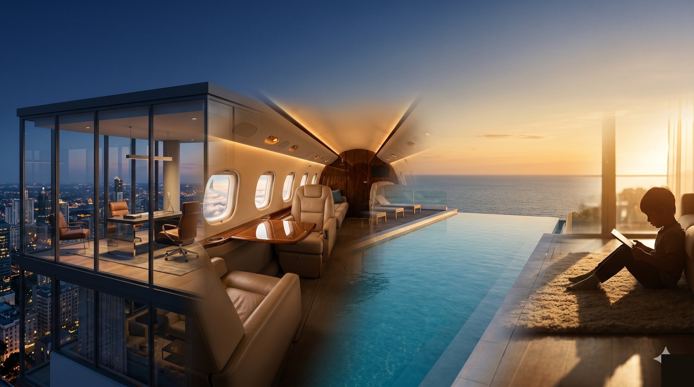 Four worlds — office, private jet, resort, learning — merging into one seamless life